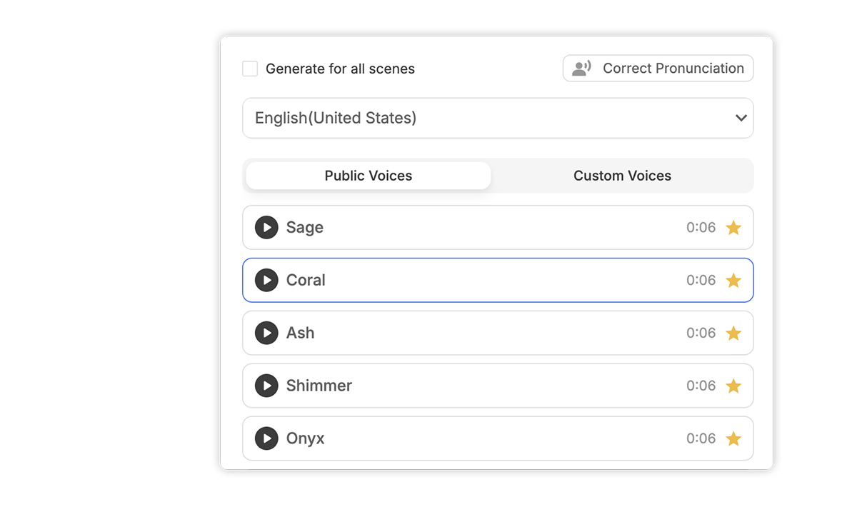 AI Voice Over feature showcasing diverse AI voices for selecting the perfect match for your brand's tone and message.